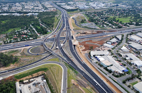 New free-flowing multi-level interchange (Ipswich left, Brisbane right)